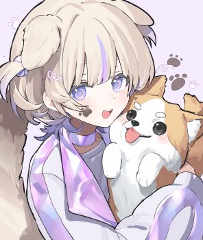 1girl absurdres animal animal_ears blonde_hair choker dog dog_ears dog_tail highres holding holding_animal holding_dog hololive hololive_dev_is jacket kemonomimi_mode looking_at_viewer meter_(231meter) multicolored_hair open_mouth paw_print paw_print_background purple_background purple_choker purple_eyes purple_hair shiba_inu shirt short_hair streaked_hair tail todoroki_hajime todoroki_hajime_(1st_costume) tongue tongue_out two_side_up white_jacket white_shirt