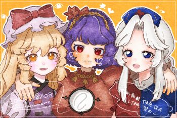 3girls arm_around_neck blonde_hair blush bow breasts commentary curtained_hair dated dress frilled_hat frills grey_hair grin hair_ornament hakunemui hat hat_bow heart highres in-franchise_crossover large_breasts leaf_hair_ornament looking_at_viewer mob_cap multiple_girls name_connection nurse_cap orange_background outline purple_hair purple_tabard red_bow red_shirt shirt smile split-color_clothes tabard touhou trait_connection translation_request twitter_username two-tone_dress upper_body white_dress white_hat white_outline yagokoro_eirin yakumo_yukari yasaka_kanako