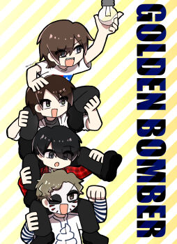 Rule 34 | 4boys, :d, animification, apricotlaze rtm, black hair, brown hair, clenched hand, commentary request, copyright name, darubisshu kenji, derivative work, eddsworld, facepaint, golden bomber, grey eyes, highres, human stacking, kiryuuin shou, kyan yutaka, light bulb, male focus, multiple boys, one eye closed, open mouth, parody, poster parody, real life, short hair, signature, simple background, smile, striped background, thick lineart, utahiroba jun, visual kei