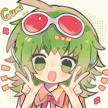 1girl artist_name bare_arms bare_shoulders blush_stickers bow bowtie character_name chinese_commentary collared_shirt commentary_request double_v empty_eyes eyewear_on_head frilled_shirt frills green_eyes green_hair green_outline gumi halftone halftone_background happy long_hair looking_at_viewer messy_hair notice_lines open_mouth orange_shirt outline polka_dot polka_dot_background red-tinted_eyewear red_bow red_bowtie shirt simple_background sleeveless sleeveless_shirt smile solo sunglasses tinted_eyewear upper_body v variant_set vest vocaloid white-framed_eyewear white_background white_vest xianyu_fish