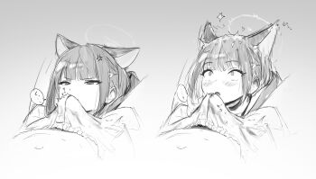 ... 1boy 1girl anger_vein animal_ears blue_archive bulge cat_ears commentary_request cum cum_in_clothes cum_on_clothes cum_through_clothes ejaculation_under_clothes erection erection_under_clothes greyscale hair_ornament hairclip half-closed_eyes halo heart hetero highres kazusa_(blue_archive) lower_teeth_only monochrome negiuma open_mouth sketch smelling smelling_penis speech_bubble spoken_ellipsis teeth wide-eyed