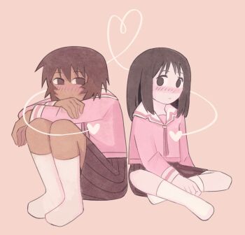 Rule 34 | 2girls, anonmimiru, arm at side, arms on knees, azumanga daioh's school uniform, azumanga daiou, blush, brown background, brown eyes, brown hair, brown skirt, closed mouth, collared shirt, commentary, crossed arms, dark-skinned female, dark skin, dot mouth, dress shirt, full body, hair between eyes, hand on own ankle, heart, highres, indian style, kagura (azumanga daioh), kasuga ayumu, kneehighs, knees up, looking at another, looking back, looking to the side, medium hair, multiple girls, neck ribbon, nose blush, on ground, pink ribbon, pink shirt, pleated skirt, ribbon, romaji commentary, sailor collar, school uniform, shirt, short hair, side-by-side, sitting, skirt, socks, string, string of fate, white sailor collar, white socks, yuri