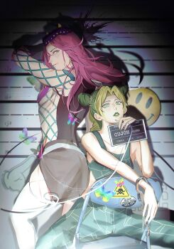 Rule 34 | 1boy, 1girl, braid, bug, bun with braided base, butterfly, character name, commentary, cuffs, double bun, fishnet top, fishnets, green eyes, green hair, green lips, green nails, hair bun, handcuffs, hat, highres, insect, jojo no kimyou na bouken, kuujou jolyne, long hair, multicolored hair, narciso anasui, niarss, spider web print, stone ocean, two-tone hair, untranslatable commentary