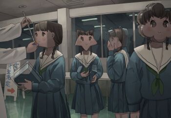 1other 4girls blue_serafuku blue_skirt blush_stickers green_neckwear indoors lab_coat low_twin_braids measuring multiple_girls original pleated_skirt reflection sailor_collar serafuku sign skirt smile tape_measure tensen_(dotted_line) twin_braids what white_sailor_collar window