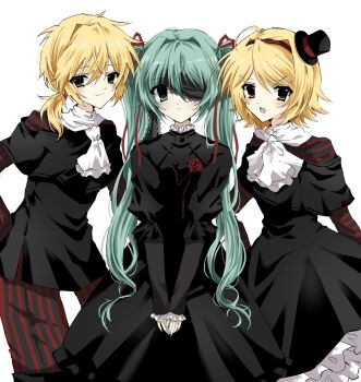 1boy 2girls ahoge aqua_eyes aqua_hair ascot black_dress black_hat black_shirt blindfold blonde_hair blue_eyes blue_hair closed_mouth dress frilled_dress frilled_sleeves frills hair_between_eyes hair_intakes hair_ornament hair_ribbon hairband hairclip hat hatsune_miku highres kagamine_len kagamine_rin lace-trimmed_blindfold layered_sleeves long_hair looking_at_viewer low_ponytail medium_hair mini_hat mini_top_hat multiple_girls off-shoulder_dress off-shoulder_shirt off_shoulder one_eye_covered open_mouth pants ponytail puffy_sleeves red_hairband red_ribbon ribbon shirt simple_background smile striped_clothes striped_pants striped_shirt takanashi_(takanya_shi) top_hat twintails two-tone_pants undershirt v_arms vertical-striped_clothes vertical-striped_pants vertical-striped_shirt very_long_hair vocaloid white_ascot white_background yellow_eyes