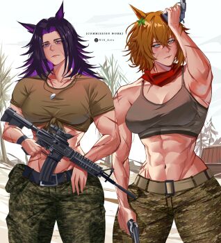 2boys 2girls abs animal_ears assault_rifle bandana bandana_around_neck bare_shoulders belt black_hair blue_eyes breasts brown_hair brown_shirt camouflage camouflage_pants cleavage closed_mouth commentary english_commentary fenomeno_(umamusume) flipped_hair grey_sports_bra gun hair_between_eyes hair_ornament handgun highres holding holding_gun holding_weapon horse_ears horse_girl large_breasts long_hair looking_at_viewer multicolored_hair multiple_boys multiple_girls muscular muscular_female n10_arts navel pants ponytail purple_eyes purple_hair red_bandana revolver rifle scar scar_on_arm scar_on_face scar_on_stomach shirt short_sleeves sports_bra star_(symbol) star_hair_ornament stomach taiki_shuttle_(umamusume) tied_shirt umamusume weapon