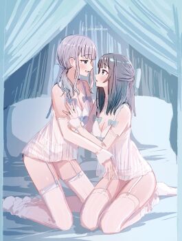 2girls absurdres bed black_hair blue_eyes blush breasts camisole canopy_bed cleavage commentary_request elbow_gloves fingerless_gloves garter_belt gloves grey_hair hand_on_another&#039;s_arm highres kneeling long_hair multiple_girls on_bed open_mouth original panties pillow see-through_camisole see-through_clothes ssrbonknow thighhighs twintails underwear white_camisole white_gloves white_panties white_thighhighs yuri