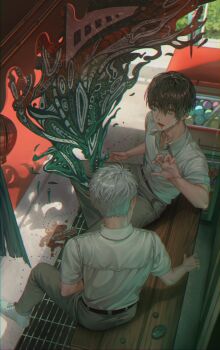 2boys absurdres bench black_hair blood blood_from_mouth body_horror collared_shirt grey_eyes grey_hair grey_pants hair_between_eyes hashtag-only_commentary heng_(hang_1004) highres hikaru_ga_shinda_natsu indou_hikaru male_focus multiple_boys nosebleed open_mouth pants school_uniform shirt shoes short_hair short_sleeves sitting sneakers tsujinaka_yoshiki white_shirt white_shoes