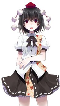 1girl arm_behind_back belt black_belt black_bow black_bowtie black_hair black_skirt bow bowtie buttons collared_shirt commentary_request cowboy_shot crote frilled_skirt frills hat highres large_variant_set leaf_print legs_apart looking_at_viewer maple_leaf_print open_mouth puffy_short_sleeves puffy_sleeves raised_eyebrows red_eyes red_hat ribbon-trimmed_skirt ribbon_trim shameimaru_aya shirt short_hair short_sleeves skirt sleeve_cuffs solo standing tachi-e teeth tokin_hat touhou transparent_background upper_teeth_only variant_set white_shirt wide-eyed