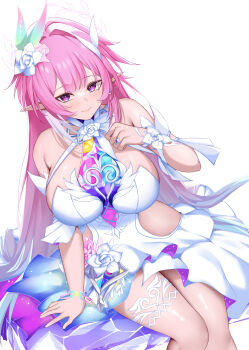 1girl absurdres aqua_hair breasts clothing_cutout commentary cyrene_(honkai:_star_rail) cyrene_(ripples_of_past_reverie)_(honkai:_star_rail) diamond-shaped_pupils diamond_(shape) dress flower gradient_hair hair_flower hair_ornament highres honkai:_star_rail honkai_(series) large_breasts long_hair looking_at_viewer multicolored_hair pink_hair pointy_ears purple_eyes rei_n side_cutout simple_background sitting smile solo symbol-shaped_pupils thighs very_long_hair white_background white_dress white_hair