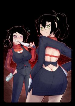 2girls ashley_graves ass belt black_belt black_hair black_jacket black_pants black_skirt black_vest bottle butt_crack cosplay crossover dimples_of_venus glasses gloves green_eyes hand_on_own_hip helltaker holding holding_bottle holding_knife jacket knife looking_back malina_(helltaker) malina_(helltaker)_(cosplay) mole mole_under_eye renee_graves multiple_girls pandemonica_(helltaker) pandemonica_(helltaker)_(cosplay) pants pink_eyes ponytail red_shirt renee_graves sharp_teeth shirt skirt teeth the_coffin_of_andy_and_leyley vest white_gloves xu53r