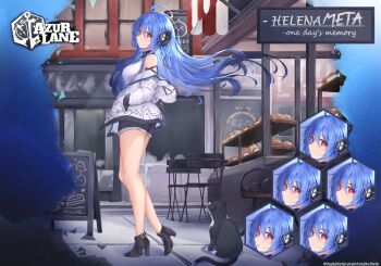1girl alternate_costume azur_lane bare_legs bare_shoulders black_shorts blue_gemstone blue_hair casual character_name copyright_name cutoffs expressionless multiple_expressions fake_screenshot floating_hair from_side frown full_body gem hands_in_pockets headgear helena_(azur_lane) helena_(meta)_(azur_lane) high_heels highres hood hooded_jacket jacket jewelry kyl490 leg_up legs long_hair looking_at_viewer looking_to_the_side necklace off_shoulder open_mouth parody pout red_eyes red_gemstone shirt short_shorts shorts sleeveless sleeveless_shirt smile solo striped_clothes striped_shirt thighs tiptoes vertical-striped_clothes vertical-striped_shirt very_long_hair walking white_jacket white_shirt