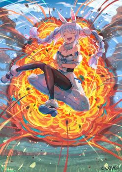 Rule 34 | 1girl, ^ ^, animal ears, bare shoulders, bisaiiiii, black gloves, black leotard, black pantyhose, blue hair, blue sky, braid, breasts, carrot hair ornament, closed eyes, clothing cutout, coat, coat dress, colored shoe soles, commentary request, copyright name, crossed arms, day, detached sleeves, dress, explosion, explosion background, food-themed hair ornament, fur-trimmed coat, fur-trimmed gloves, fur scarf, fur trim, gloves, hair ornament, hikimayu, hololive, leotard, leotard under clothes, long hair, mary janes, multicolored hair, official art, open mouth, outdoors, pantyhose, puffy detached sleeves, puffy short sleeves, puffy sleeves, rabbit ears, rabbit girl, scarf, shoe soles, shoes, short eyebrows, short sleeves, sky, small breasts, smile, solo, strapless, strapless leotard, teeth, thick eyebrows, twin braids, two-tone hair, underboob cutout, upper teeth only, usada pekora, usada pekora (1st costume), virtual youtuber, white coat, white hair, white scarf, white shoes, white sleeves