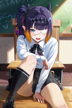 1girl arm_support black_bow black_bowtie black_shoes black_skirt black_socks blue_eyes blush bow bowtie chalkboard classroom collared_shirt commentary desk diamond_hairband dress_shirt elias2art eyepatch fang gradient_hair heart highres hololive hololive_english indoors knee_up kneehighs long_sleeves looking_at_viewer medical_eyepatch multicolored_hair ninomae_ina'nis ninomae_ina'nis_(school_uniform) official_alternate_costume official_alternate_hairstyle on_desk one_eye_covered open_mouth orange_hair plaid_clothes plaid_skirt pleated_skirt pointy_ears purple_hair school_desk school_uniform shirt shoes side_ponytail sidelocks sitting skin_fang skirt socks solo symbol-only_commentary takodachi_(ninomae_ina'nis) tentacle_hair two-tone_hair virtual_youtuber white_shirt