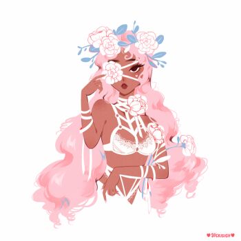 1girl artist_name black_eyes bra choker commentary cropped_torso curly_hair dark-skinned_female dark_skin english_commentary flower flower_eyepatch hair_flower hair_ornament lingerie lips long_hair original pink_hair solo underwear upper_body very_long_hair vicki_tsai white_bra