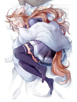 1boy 1girl ahoge animal_ears blanket blush closed_eyes closed_mouth commentary_request ear_covers ear_ornament grey_jacket headpat highres horse_ears horse_girl horse_tail jacket long_hair long_sleeves lying multicolored_hair on_side orange_hair orfevre_(umamusume) pleated_skirt purple_sailor_collar purple_serafuku purple_shirt purple_skirt purple_thighhighs sailor_collar sailor_shirt school_uniform serafuku shirt single_ear_cover skirt solo_focus tail thighhighs tracen_school_uniform trainer_(umamusume) two-tone_hair umamusume under_covers white_hair yue_(lov_n_n)
