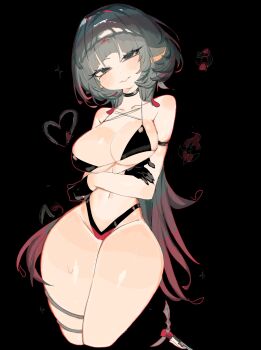 1girl animal_ears bikini black_hair breasts gloves green_eyes highres jane_doe_(zenless_zone_zero) large_breasts long_hair long_tail looking_at_viewer mouse_ears mouse_girl mouse_tail multicolored_hair red_hair sharp_tail smile solo swimsuit tail thighhighs usa37107692 zenless_zone_zero