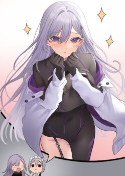 2girls black_bodysuit black_eyes bob_cut bodysuit chibi clenched_hands covered_navel fialka_tiursad garter_straps gradient_background grey_hair groin hair_intakes hair_ornament hamu_(plot_sy) hand_on_own_chin hands_under_chin highres imagining jacket kimoota_mob_youhei_wa_minohodo_o_ben_(waki_ma)_eru light_blush long_hair maid_headdress mole mole_on_thigh mole_under_eye multiple_girls no_eyes novel_illustration off_shoulder official_art open_clothes open_jacket open_mouth parted_lips purple_eyes raised_inner_eyebrows sherry_(mob_youhei) single_leg_bodysuit solid_circle_eyes star_(symbol) triangle_hair_ornament very_long_hair w_arms