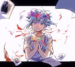 Rule 34 | 1boy, basil (headspace) (omori), basil (omori), blood, blue overalls, flower, green eyes, green hair, head wreath, highres, omori, overalls, own hands clasped, own hands together, patient51311752, photo (object), shirt, short hair, short sleeves, solo, upper body, yellow shirt