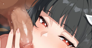 1boy 1girl black_hair blunt_bangs blush censored commentary_request cropped erection fellatio hetero hoshimi_miyabi looking_at_viewer mosaic_censoring oral paid_reward_available penis red_eyes takashia testicles zenless_zone_zero