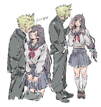 1boy 1girl bag baggy_pants black_hair black_jacket black_pants blonde_hair blue_sailor_collar blue_scrunchie blue_skirt blush brown_shoes closed_eyes closed_mouth cloud_strife commentary couple cowboy_shot delinquent drink_carton english_commentary final_fantasy final_fantasy_vii final_fantasy_vii:_ever_crisis from_side full_body hair_ornament hair_scrunchie hairclip hand_in_pocket heart height_difference highres holding holding_bag holding_milk_carton jacket kiss kneehighs long_hair long_sleeves looking_at_another low-tied_long_hair midriff_peek milk milk_carton morgengischt neckerchief official_alternate_costume open_clothes open_jacket pants parted_lips pleated_skirt popped_collar red_eyes red_neckerchief sailor_collar school_uniform scrunchie serafuku shirt shoes short_hair skirt smile socks spiked_hair standing swept_bangs tifa_lockhart tifa_lockhart_(midgard_seventh_high_school) very_long_hair white_background white_serafuku white_shirt white_socks