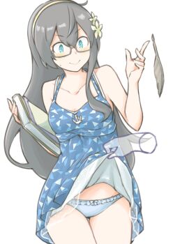 1girl 1other akara_kai anchor_ornament black_hair blue_dress blue_eyes book breasts commentary_request commission cowboy_shot disembodied_hand dress flower frilled_panties frills glasses hair_flower hair_ornament hairband highres kantai_collection long_hair official_alternate_costume ooyodo_(kancolle) panties quill semi-rimless_eyewear simple_background small_breasts triangle_print under-rim_eyewear underwear white_background yellow_hairband