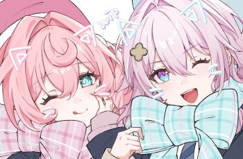 aqua_eyes aqua_ribbon closed_mouth drill_hair hair_between_eyes hair_intakes hat highres honkai:_star_rail honkai_(series) hyacine_(honkai:_star_rail) looking_at_viewer march_7th_(honkai:_star_rail) neck_ribbon nya_inuha open_mouth pink_hair pink_ribbon red_hat ribbon smile teeth tongue tongue_out twin_drills unfinished upper_body upper_teeth_only white_background yellow_pupils