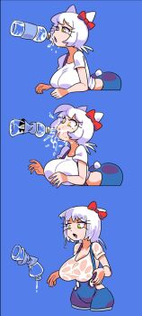 1girl arched_back ass breasts cat_girl hello_kitty hello_kitty_(character) hello_kitty_(series) highres huge_ass innuendo kitty_white large_breasts minuspal open_mouth overalls sanrio sexually_suggestive shirt tongue water wet wet_clothes wet_shirt white_hair white_shirt