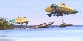 Rule 34 | aircraft, bird, buoy, cable, cloud, flying, highres, lake, no humans, outdoors, railing, reeds, rust, science fiction, simon stalenhag, sky, things from the flood, water, window