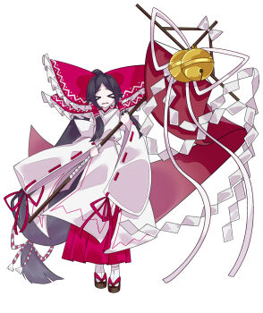 >_< 1girl absurdly_long_hair absurdres bell bow brown_eyes chihaya_(clothing) commentary_request foul_detective_satori frilled_bow frilled_hair_tubes frills full_body gensokyo's_first_hakurei_miko gohei hair_bow hair_tubes hakama hakama_skirt head_tilt highres holding holding_gohei huge_bow japanese_clothes jingle_bell kanae_mituki kosode large_bow long_hair long_skirt long_sleeves low-tied_long_hair miko no_nose okobo open_mouth parted_bangs platform_sandals ponytail red_bow red_ribbon red_skirt ribbon ribbon-trimmed_sleeves ribbon_trim sandals shide sidelocks simple_background skirt socks solo standing straight-on sweatdrop tabi tassel touhou very_long_hair white_socks wide_sleeves