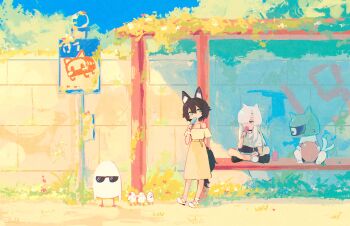 2girls absurdres animal_ears black_choker black_shoes black_shorts blue_eyes brown_hair bus_stop bus_stop_sign choker double-parted_bangs dress food full_body graffiti hair_over_one_eye highres holding holding_food holding_popsicle long_hair medium_hair multiple_girls original outdoors overgrown popsicle red_eyes rnna shirt shoes shorts signature sitting standing sundress tail white_hair white_shirt white_shorts wolf_ears wolf_girl wolf_tail yellow_dress