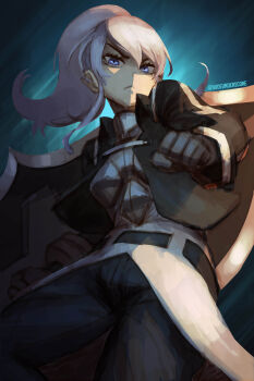 Rule 34 | 1girl, absurdres, angry, artist name, black coat, blue eyes, breasts, clenched hands, coat, denim, dudeunderscore, frown, glaring, hair between eyes, highres, holding, holding shield, jeans, long hair, looking down, melty blood, pants, ponytail, riesbyfe stridberg, shield, short hair, solo, tsukihime, white eyes, white hair