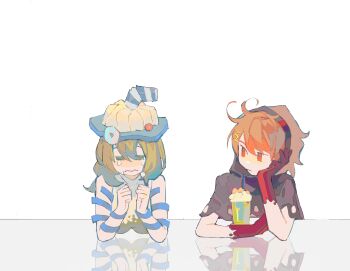 1boy 1girl arm_on_table arm_ribbon bare_shoulders black_capelet black_hairband blue_hat blue_ribbon breasts capelet clenched_hands closed_mouth crying cup drinking_glass drinking_straw elbow_on_table expressionless food food-themed_hat gelatin glass_table gloves green_hair hair_between_eyes hair_ornament hairband hairclip hand_on_own_arm hand_on_own_cheek hand_on_own_face hannakii hat highres hood hood_down hooded_capelet ice_cream ice_cream_float kimi_ga_shine light_blush long_hair looking_at_another messy_hair nervous orange_hair red_eyes red_gloves reflective_table ribbon shirt short_hair simple_background sleeveless sleeveless_shirt soko table teardrop toto_noel turtleneck turtleneck_shirt upper_body wavy_mouth white_background white_shirt