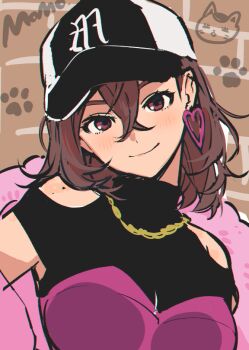Rule 34 | 1girl, alternate costume, ayase momo, baseball cap, black shirt, breasts, brown background, brown eyes, brown hair, chain, chain necklace, character name, closed mouth, clothing cutout, crossed bangs, dandadan, earrings, gold chain, gold necklace, hat, heart, heart earrings, jacket, jacket partially removed, jeon10457441, jewelry, light blush, looking at viewer, medium breasts, medium hair, necklace, pink jacket, pink shirt, shirt, shoulder cutout, smile, solo, turbo granny (dandadan), turtleneck, upper body