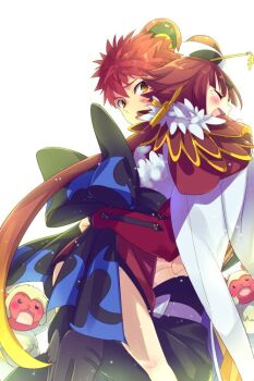 1boy 1girl apron beni-enma beni-enma_(first_ascension) bird_hat black_pants blush brown_eyes brown_hat cape closed_eyes echo_(circa) emiya_shirou fate/grand_order fate_(series) feather_trim hat hug igote japanese_clothes kimono long_hair long_sleeves low_ponytail monkey open_mouth pants parted_bangs ponytail red_hair red_kimono senji_muramasa_(fate) short_hair smile thighs very_long_hair white_apron white_cape wide_sleeves