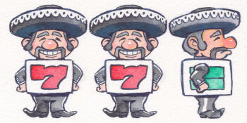 3boys akahanadragon black_hair brothers closed_eyes facial_hair full_body grin hands_on_own_hips hat mother_(series) mother_2 multiple_boys mustache nintendo siblings slot_machine_brothers smile sombrero white_background