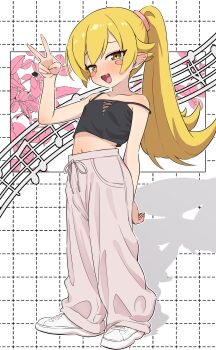 1girl absurdres baggy_pants black_camisole blonde_hair blush blush_stickers camisole collarbone fang full_body grid_background hair_flaps hair_tie hand_up highres long_hair looking_at_viewer monogatari_(series) musical_note navel open_mouth oshino_shinobu pants pointy_ears ponytail shadow shoes sneakers solo standing strap_slip v white_background white_shoes yellow_eyes yoshikirino