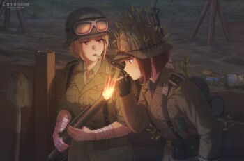 Rule 34 | 2girls, absurdres, blonde hair, blue eyes, brown eyes, brown hair, cigarette, collar tabs, combat helmet, commentary, commission, english commentary, explosive, fire, flamethrower, grenade, helmet, highres, holding, holding cigarette, holding flamethrower, holding weapon, kepincox, lighting cigarette, long sleeves, military, military combat uniform, military uniform, multiple girls, night, original, pixiv commission, short hair, shoulder boards, soldier, stahlhelm, stielhandgranate, weapon, wehrmacht, world war ii