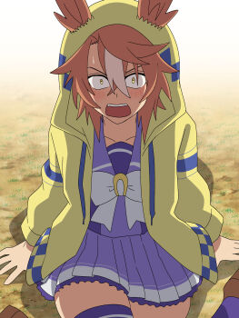 Rule 34 | 1girl, animal ears, blush, bow, brown hair, brown shoes, commentary request, dicta striker (umamusume), drawstring, ears through headwear, hair between eyes, highres, ho 1000 ka, hood, hood up, hooded jacket, horse ears, jacket, long sleeves, looking at viewer, multicolored hair, on ground, open clothes, open jacket, open mouth, pleated skirt, puffy long sleeves, puffy sleeves, purple shirt, purple skirt, purple thighhighs, school uniform, shirt, shoes, sitting, skirt, small sweatdrop, solo, streaked hair, sweat, thighhighs, tracen school uniform, umamusume, umamusume: cinderella gray, v-shaped eyebrows, wariza, white bow, white hair, wide-eyed, yellow eyes, yellow jacket