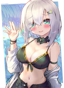 1girl arm_up ars_almal beach bikini bikini_top_only black_bikini black_choker blue_eyes blush breasts character_name choker cleavage commentary_request denim denim_shorts front-tie_bikini_top front-tie_top gold_trim hair_ornament hairclip highres jacket large_breasts looking_at_viewer navel nervous_smile nijisanji no_shirt ocean open_clothes open_jacket palm_tree short_hair short_shorts shorts shy smile solo swimsuit tatami_kami tree upper_body virtual_youtuber white_hair white_jacket