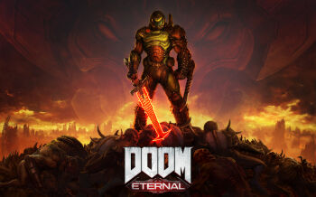 absurdres arm_blade armor bad_anatomy bad_ass biceps corpse crucible_(doom) demon doom_(series) doom_eternal doomguy energy_sword glowing hell highres huge_filesize imp_(doom) khan_maykr male_focus manly official_art official_wallpaper pile_of_corpses red_sky ruins shoulder_cannon sky solo_focus sword weapon zombie