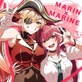 Rule 34 | 2girls, 4b-enpitsu, blonde hair, bracelet, breasts, collarbone, commentary, cosplay, costume switch, eyepatch, gloves, hat, highres, hololive, houshou marine, houshou marine (1st costume), jewelry, kitagawa marin, large breasts, long hair, multiple girls, name connection, orange eyes, pink nails, pirate hat, red eyes, red hair, red shirt, school uniform, shirt, sleeveless, sleeveless shirt, sono bisque doll wa koi wo suru, twintails, untranslatable commentary, virtual youtuber, w, white gloves, white shirt
