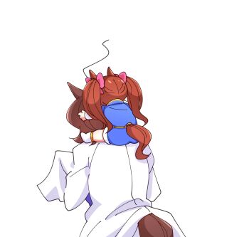 2girls aged_down agnes_tachyon_(tach-nology)_(umamusume) agnes_tachyon_(umamusume) animal_ears brown_hair commentary_request daiwa_scarlet_(umamusume) from_behind highres horse_ears horse_girl horse_tail kaijin_debeso lab_coat long_hair long_sleeves multiple_girls official_alternate_costume simple_background sleeves_past_wrists tail twintails umamusume white_background