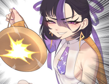1girl absurdres armpit_crease black_hair breasts cchiii goddess_of_victory:_nikke gong grin guinaifen_(honkai:_star_rail) hair_ribbon highres honkai:_star_rail honkai_(series) looking_at_viewer multicolored_hair necktie purple_eyes purple_hair purple_necktie purple_ribbon ribbon shirt sideboob sleeveless sleeveless_shirt small_breasts smile solo syuen_(nikke) teeth white_shirt white_streaks