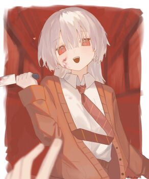 1boy :d blood blood_on_face brown_cardigan cardigan collared_shirt dress_shirt hashtag-only_commentary heart highres holding holding_knife knife looking_at_viewer male_focus necktie open_mouth red_background red_eyes red_necktie saihate_eki shirt short_hair smile solo tatsunami_shion ttyyuwwuw white_hair white_shirt