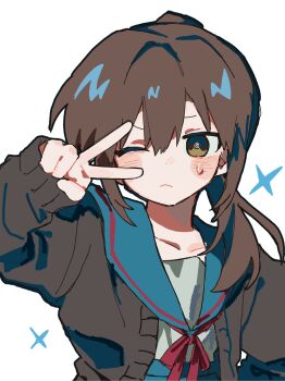 1girl blue_sailor_collar blue_skirt blush brown_cardigan brown_hair cardigan commentary_request genderswap genderswap_(mtf) hair_between_eyes highres huk_huk_02 kita_high_school_uniform kyonko long_hair long_sleeves one_eye_closed open_cardigan open_clothes ponytail red_ribbon ribbon sailor_collar school_uniform serafuku simple_background skirt solo suzumiya_haruhi_no_yuuutsu sweatdrop v v_over_eye white_background winter_uniform