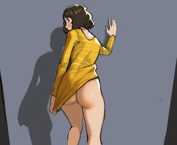1girl ass blush bottomless brown_eyes brown_hair butt_crack from_behind gluteal_fold kawakami_sadayo leaning looking_at_viewer looking_back medium_hair persona persona_5 simple_background solo sunbeam_(artist)