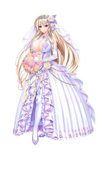 Rule 34 | 1girl, absurdres, amasaka takashi, blue eyes, bouquet, breasts, closed mouth, dress, elbow gloves, flower, full body, game asset, gloves, hair flower, hair intakes, hair ornament, highres, holding, holding bouquet, large breasts, long dress, long hair, looking at viewer, non-web source, official art, plunging neckline, purple shoes, self-datamine, shoes, silveria leodiehl, sleeveless, sleeveless dress, smile, solo, standing, tachi-e, thighhighs, tiara, unionism quartet, veil, very long hair, white dress, white gloves, white thighhighs, white veil