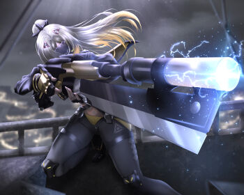 1girl absurdres black_gloves black_pants blindfold_mask blonde_hair breasts camouflage commentary covered_eyes english_commentary fingerless_gloves gloves hair_ornament highres holding jacket large_breasts long_hair mask navel painterly pants ponytail solo trigger_(zenless_zone_zero) user_hxtd3253 zenless_zone_zero