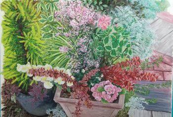 Rule 34 | brick wall, fern, flower, harusa1107, highres, leaf, no humans, object focus, original, painting (medium), pink flower, plant, plant focus, potted plant, still life, traditional media, white flower, wooden floor